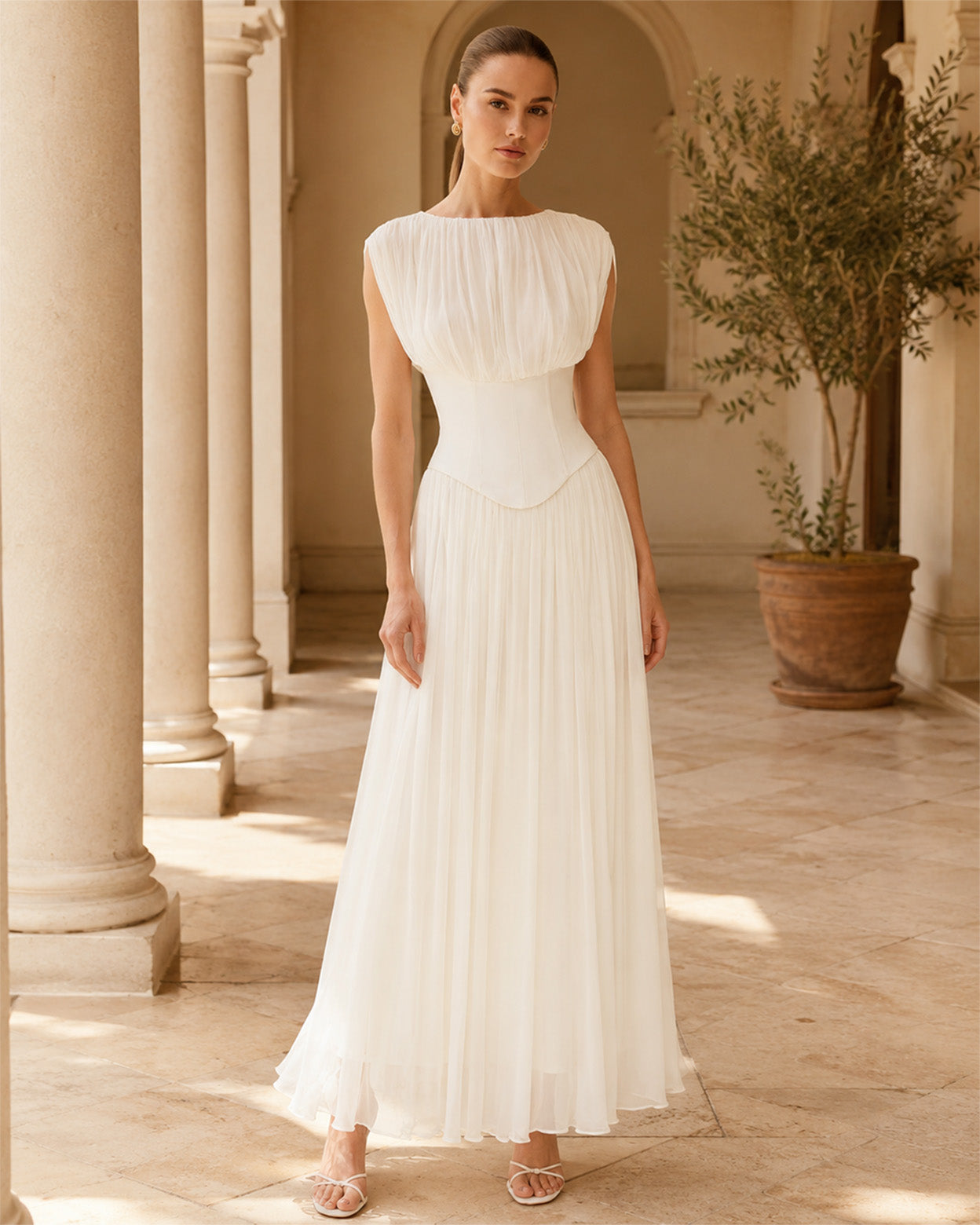Evelina Ivory Chiffon Midi Dress