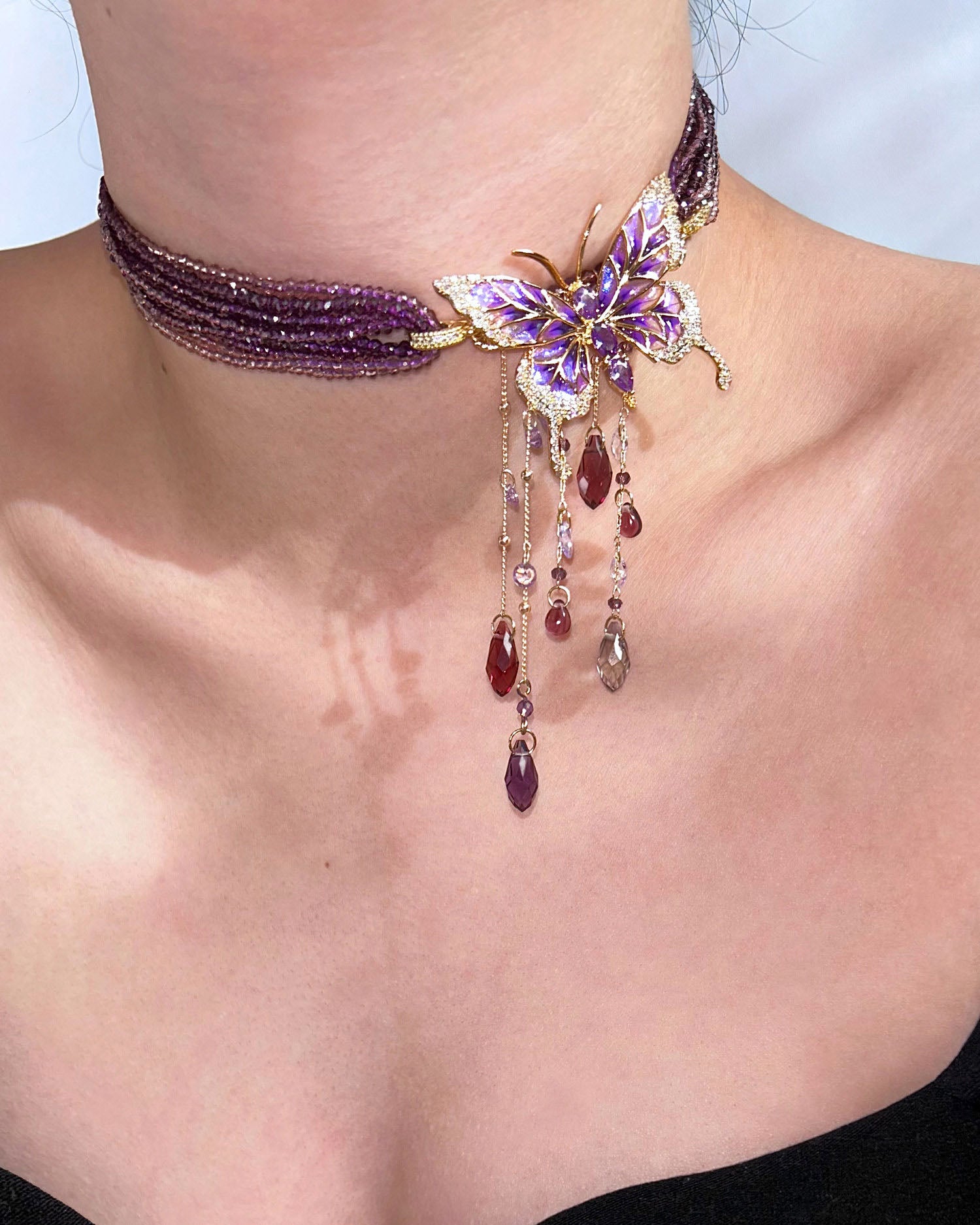 Purple Beaded Butterfly Crystal Tassel Choker Necklace