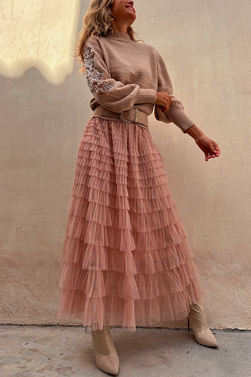 Moxidress Tulle Layered Ruffle Mesh Maxi Skirt