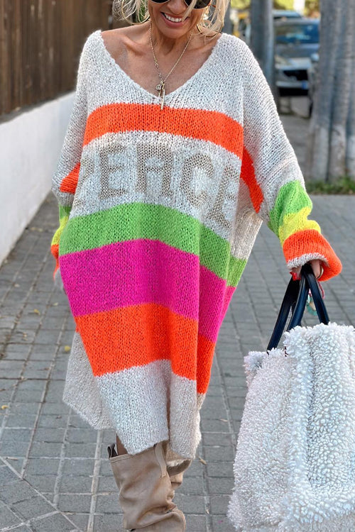 V Neck Letter Pattern Stripes Midi Sweater Dress