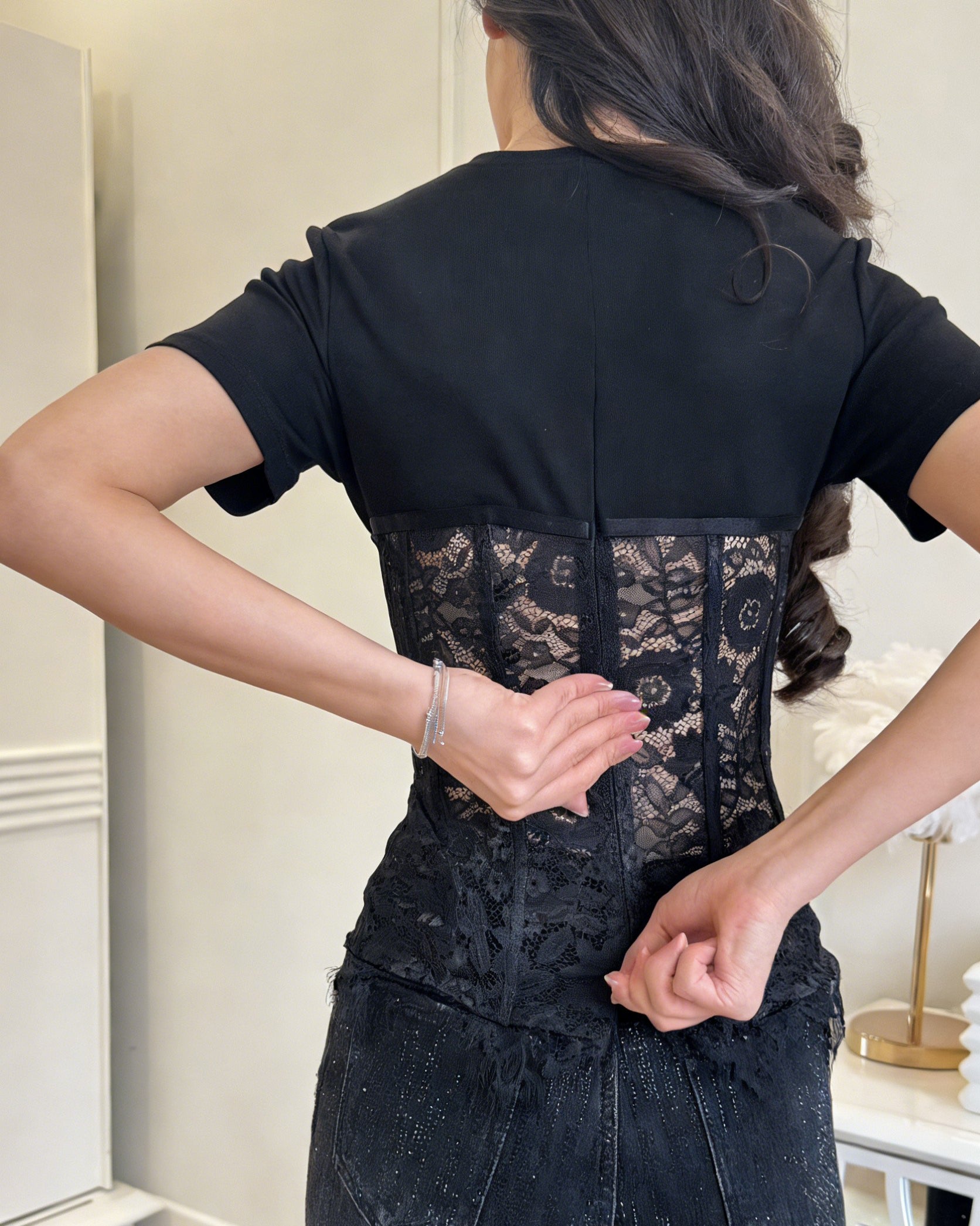 Lace Corset Panel Short-Sleeve Top