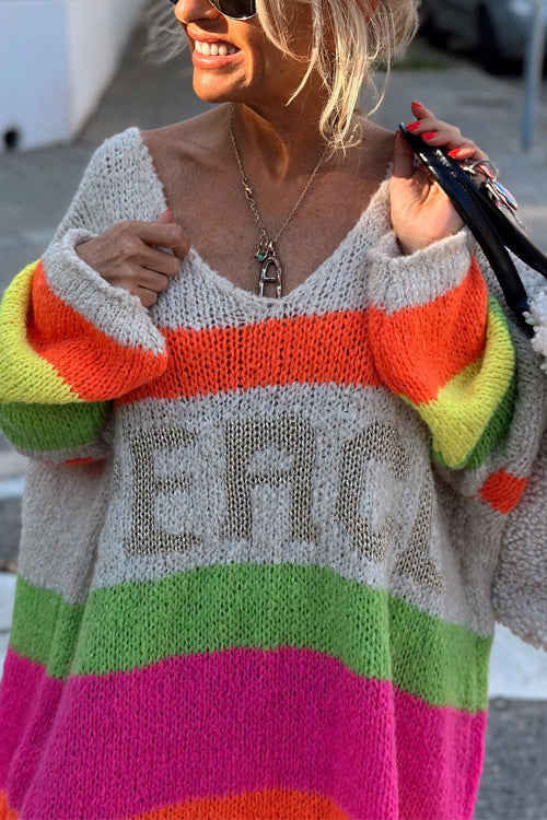 V Neck Letter Pattern Stripes Midi Sweater Dress