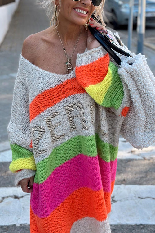 V Neck Letter Pattern Stripes Midi Sweater Dress