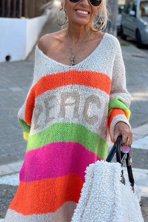 V Neck Letter Pattern Stripes Midi Sweater Dress