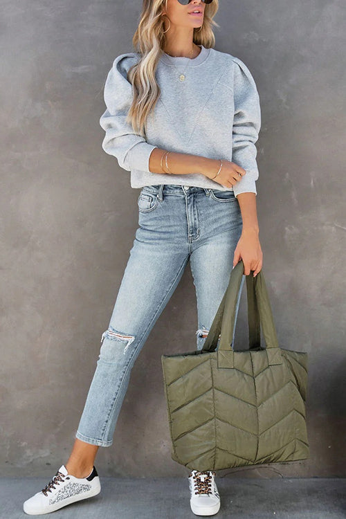 Moxidress Crewneck Puff Sleeves Comfy Sweatshirt