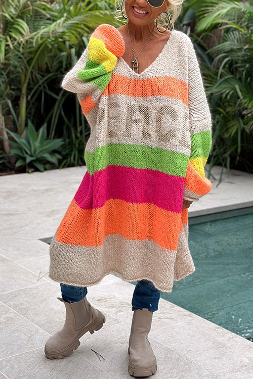 V Neck Letter Pattern Stripes Midi Sweater Dress