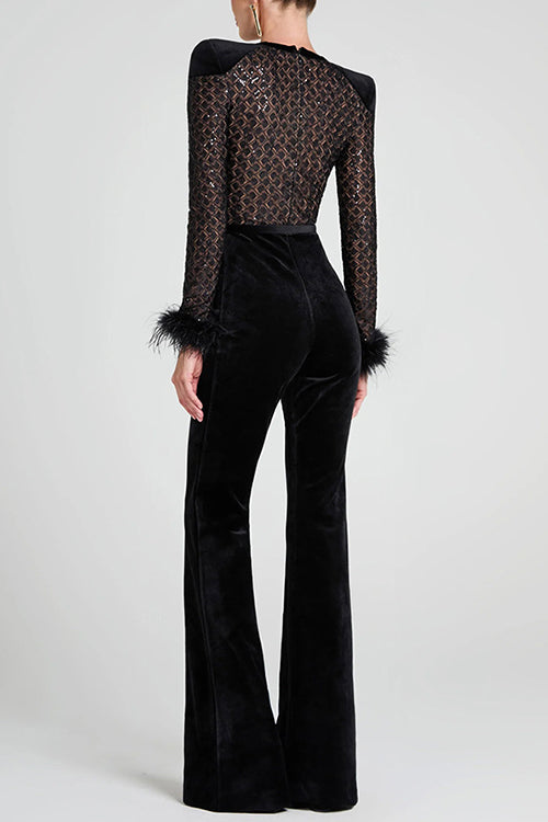 Moxidress Feather Cuffs Bell Bottom Velvet Splice Jumpsuit