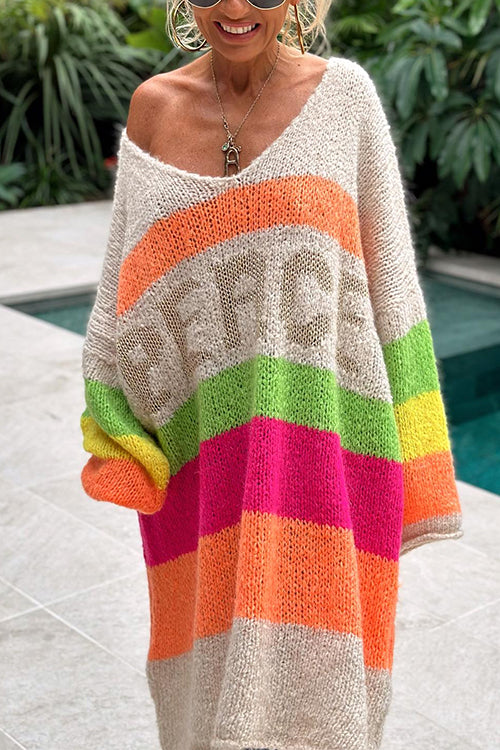 V Neck Letter Pattern Stripes Midi Sweater Dress