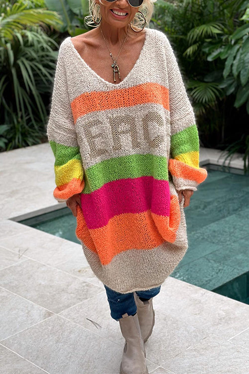 V Neck Letter Pattern Stripes Midi Sweater Dress