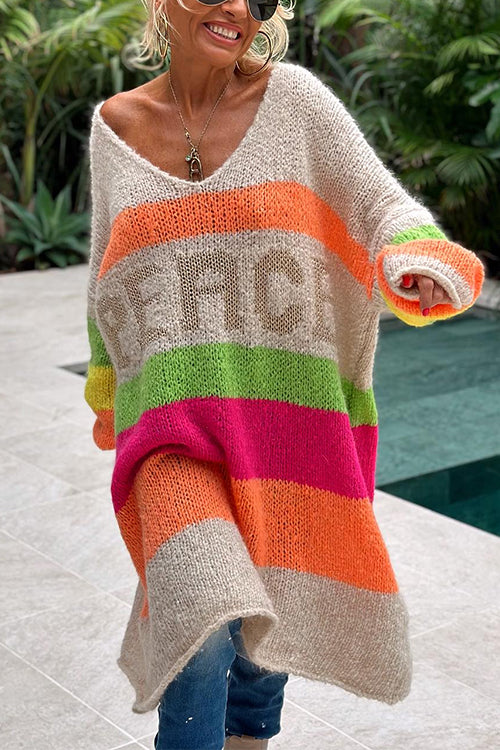 V Neck Letter Pattern Stripes Midi Sweater Dress