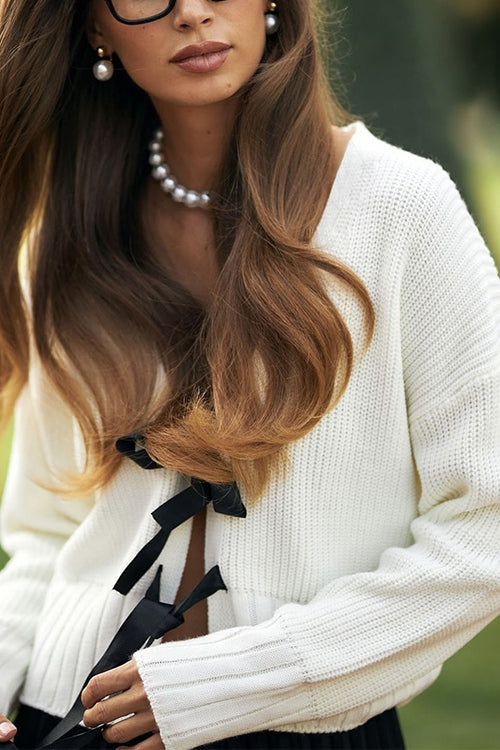 V Neck Bow Tie Front Elegant Sweater