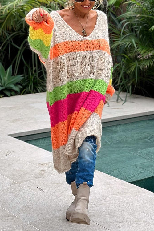 V Neck Letter Pattern Stripes Midi Sweater Dress