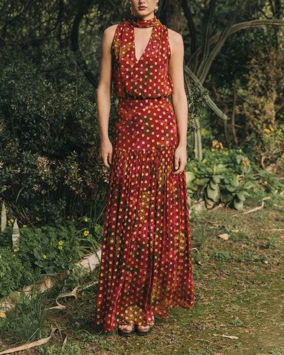 Burgundy Floral Halter Neck Blouse & Tiered Maxi Skirt Set