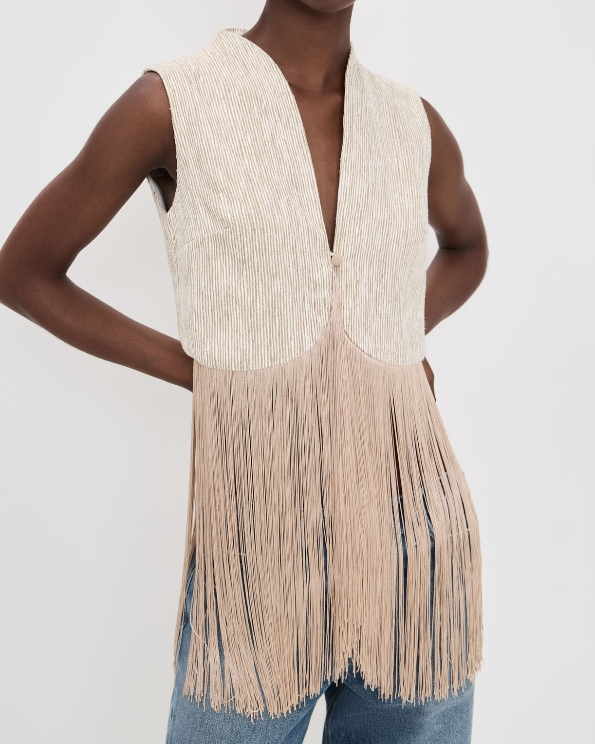 Cream Fringe Sleeveless Vest