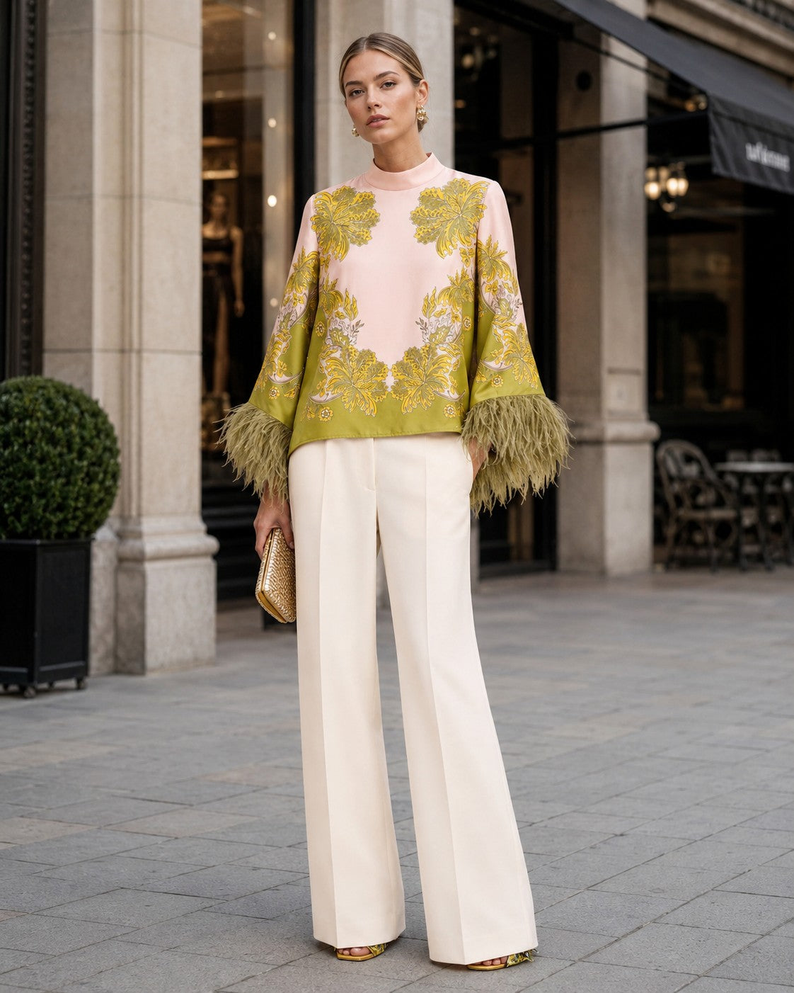 Azaria Feather-Trim High-Low Blouse