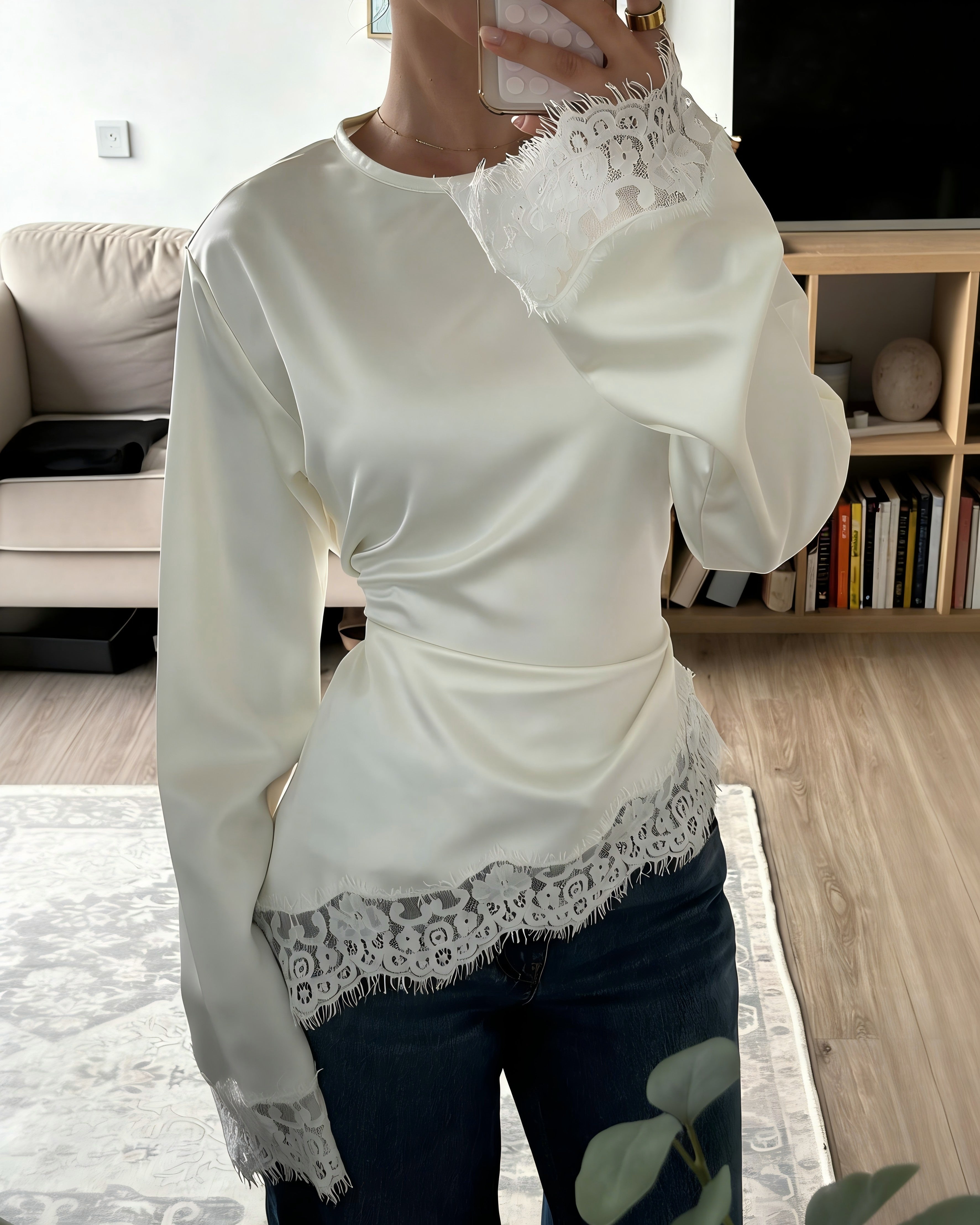 Luxe Satin Lace Trim Tie-Waist Top