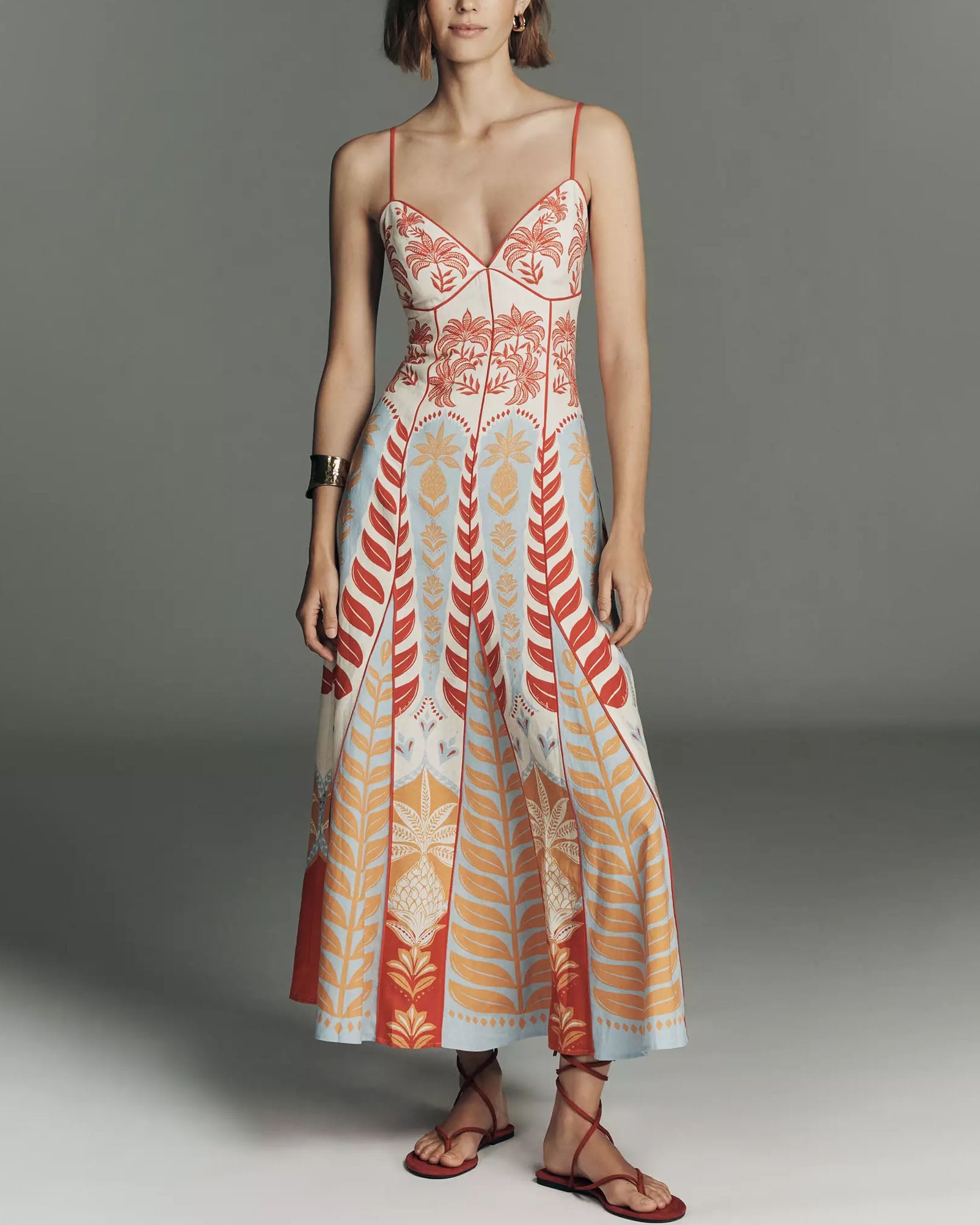 Tropical Palm Print Spaghetti Strap A-Line Maxi Dress