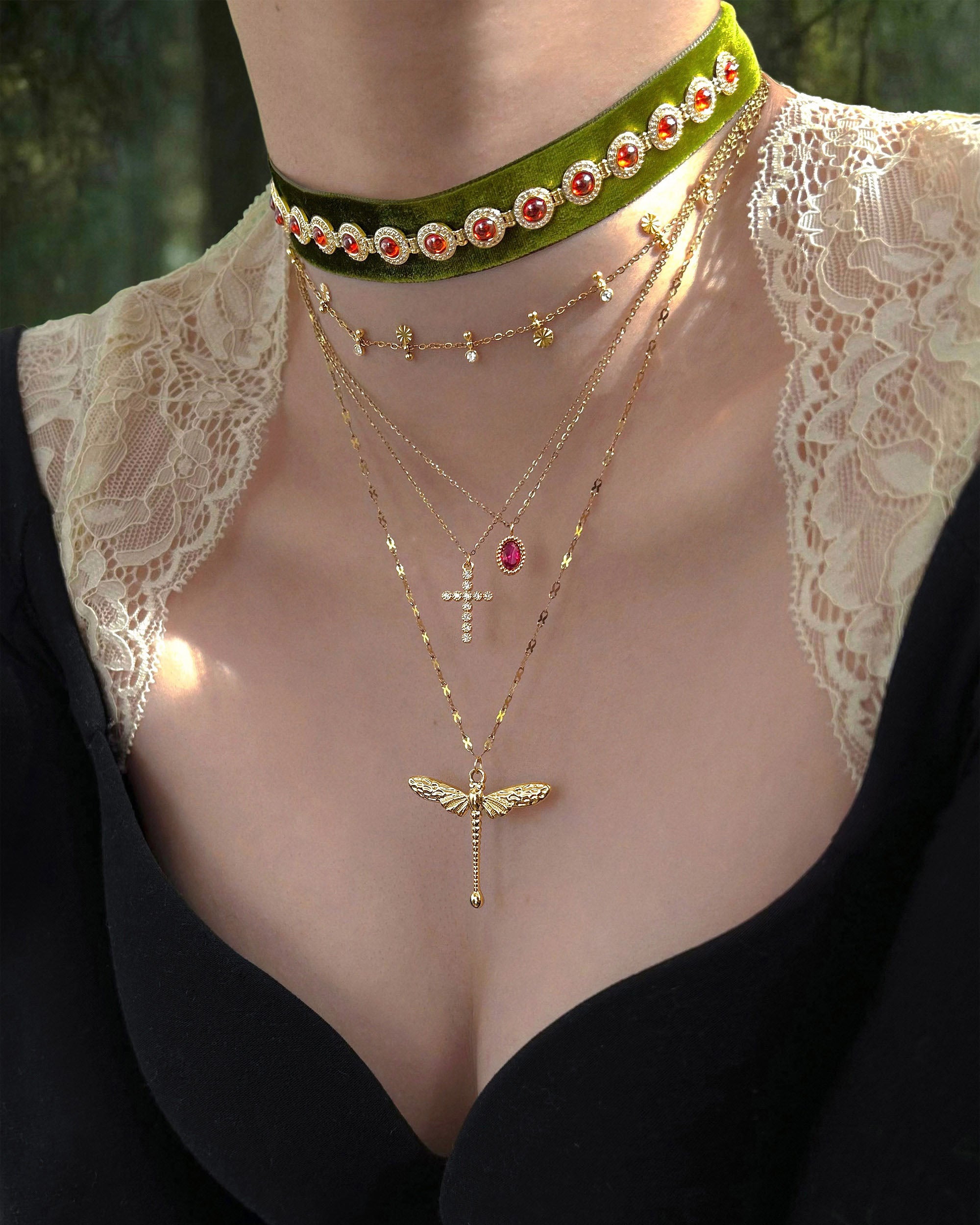 Olive Green Velvet Choker Multi Layer Gold Dragonfly Cross Necklace Set
