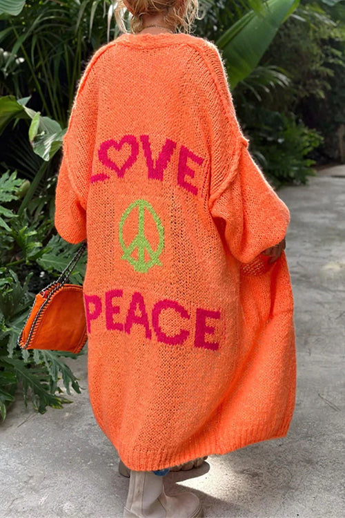 Open Front Love and Peace Pattern Long Sweater Cardigan(in 5 Colors)