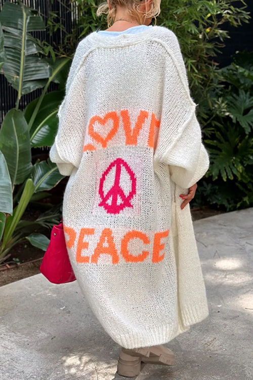 Open Front Love and Peace Pattern Long Sweater Cardigan(in 5 Colors)