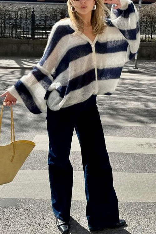 Moxidress Lantern Sleeves Button Down Color Block Stripes Sweater with Scarf