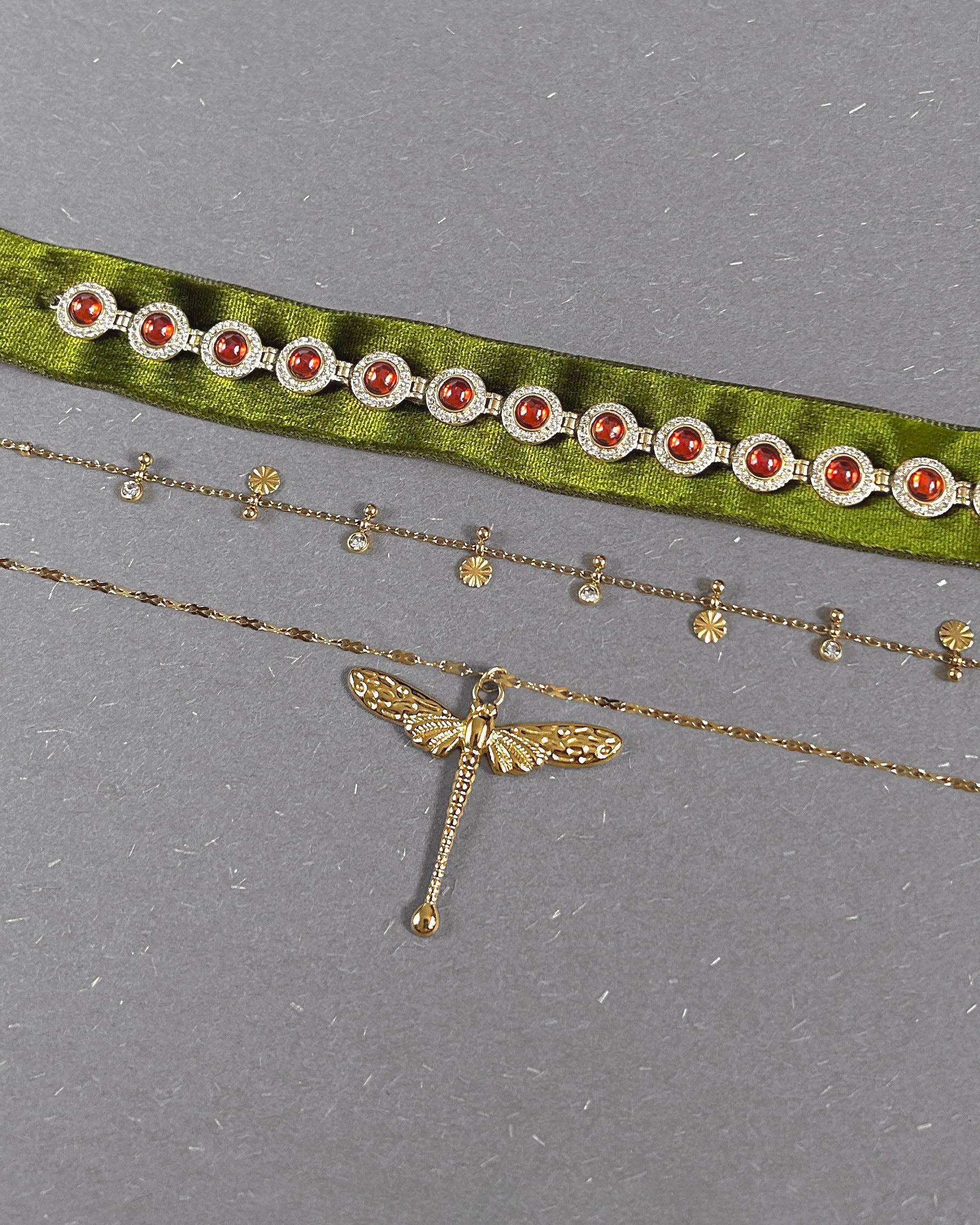 Olive Green Velvet Choker Multi Layer Gold Dragonfly Cross Necklace Set
