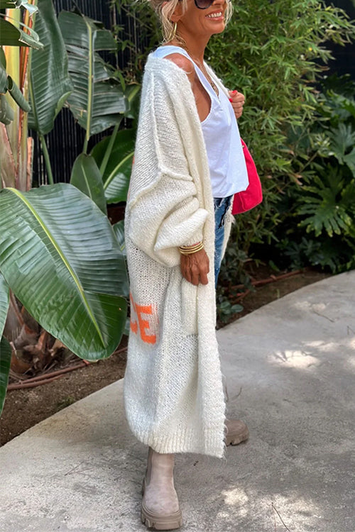 Open Front Love and Peace Pattern Long Sweater Cardigan(in 5 Colors)