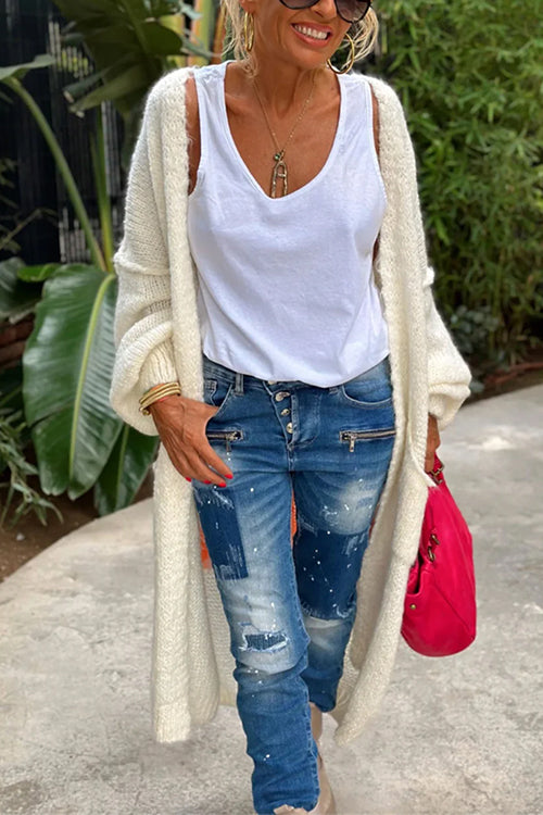 Open Front Love and Peace Pattern Long Sweater Cardigan(in 5 Colors)