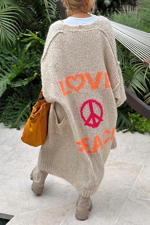 Open Front Love and Peace Pattern Long Sweater Cardigan(in 5 Colors)