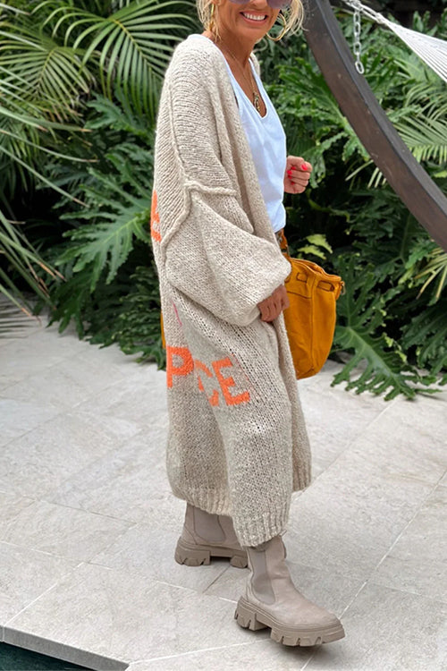 Open Front Love and Peace Pattern Long Sweater Cardigan(in 5 Colors)