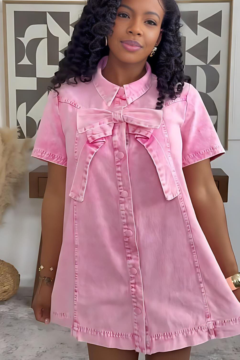 Rosalie Pink Bow Denim Mini Dress