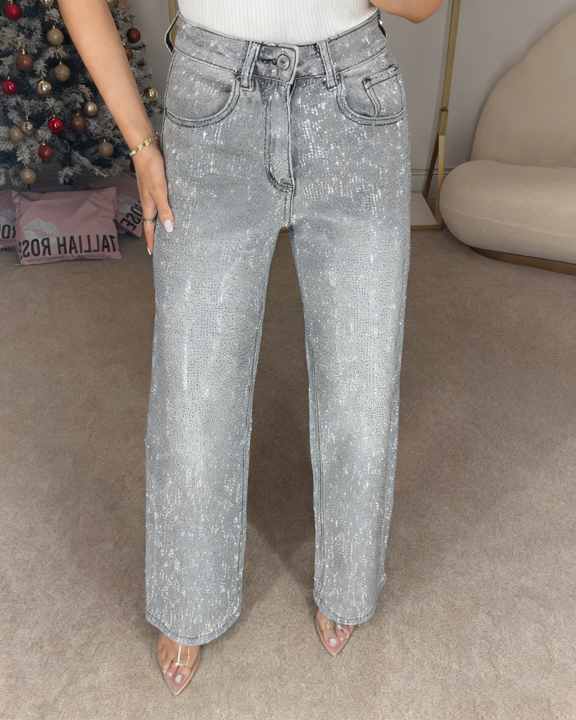 Premium Wide Leg Diamanté Denim Jeans in Storm Grey