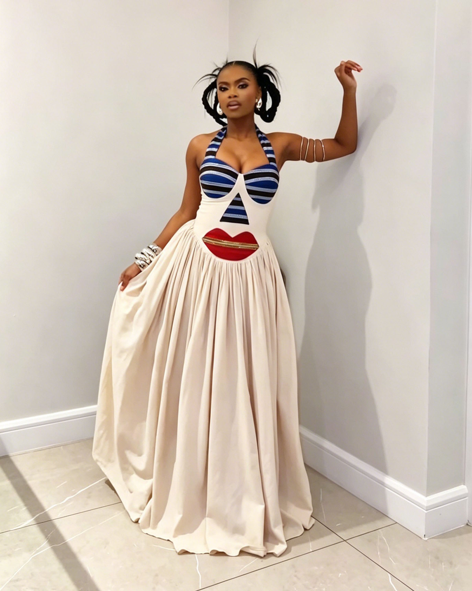 Artistic Face Halter Maxi Dress