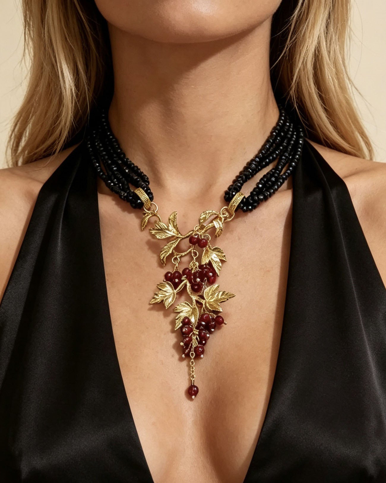 Beaded Gold Grape Leaf Tassel Choker Necklace