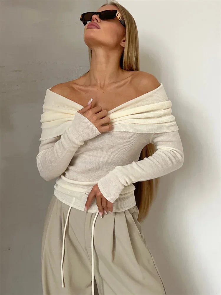 Off-Shoulder Sexy Knit Pullover Sweater For Women Mesh See-Through Long Sleeve Backless Y2k Top Fashion Knitwear Pullover