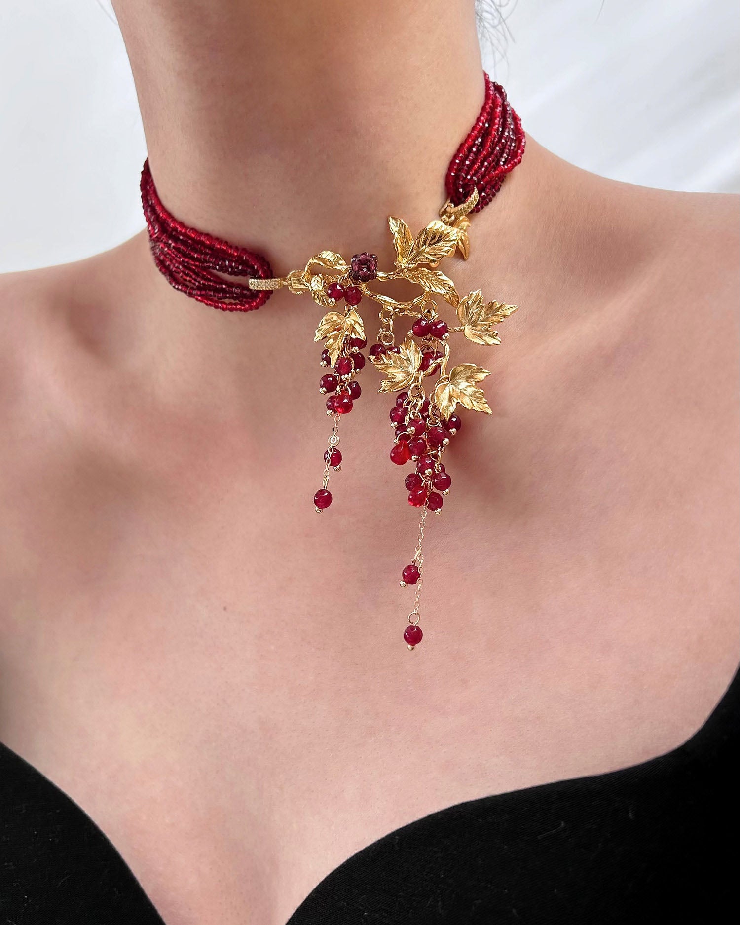 Beaded Gold Grape Leaf Tassel Choker Necklace