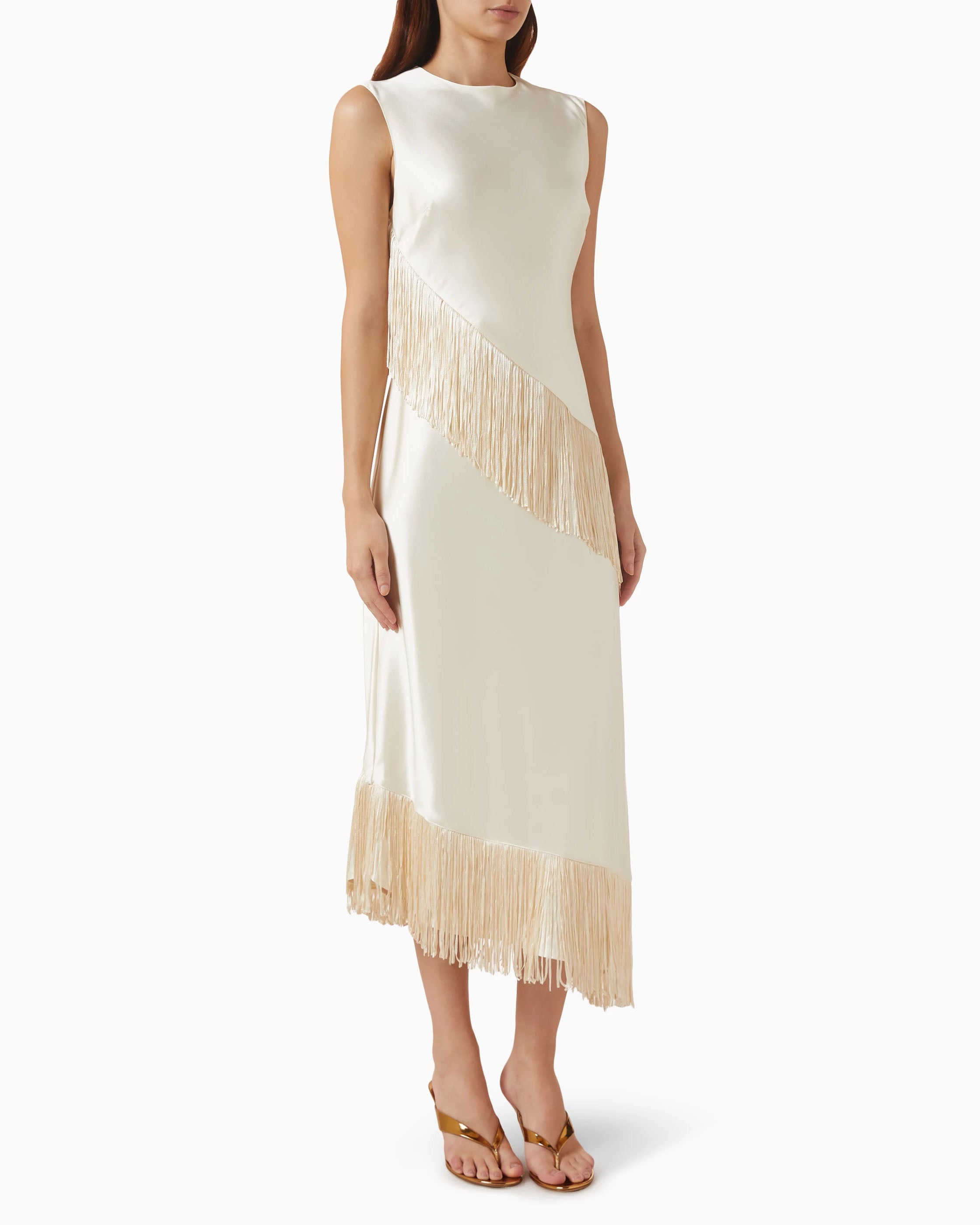 Asymmetric Sleeveless Fringe Details Midi Dress