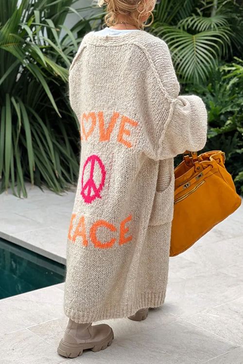 Open Front Love and Peace Pattern Long Sweater Cardigan(in 5 Colors)