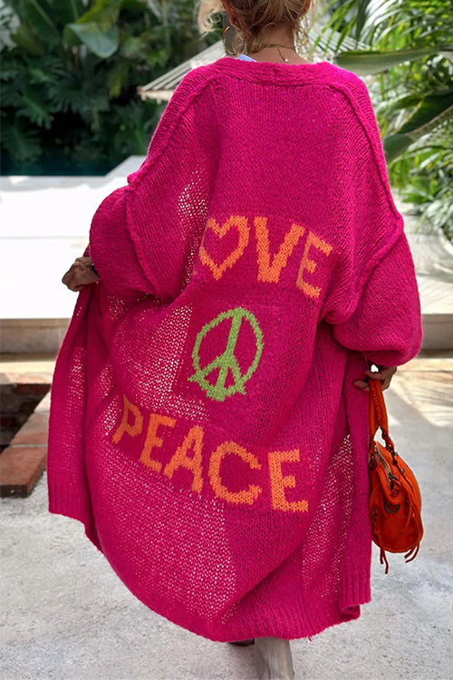 Open Front Love and Peace Pattern Long Sweater Cardigan(in 5 Colors)
