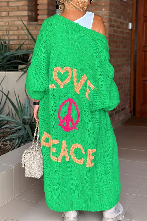 Open Front Love and Peace Pattern Long Sweater Cardigan(in 5 Colors)