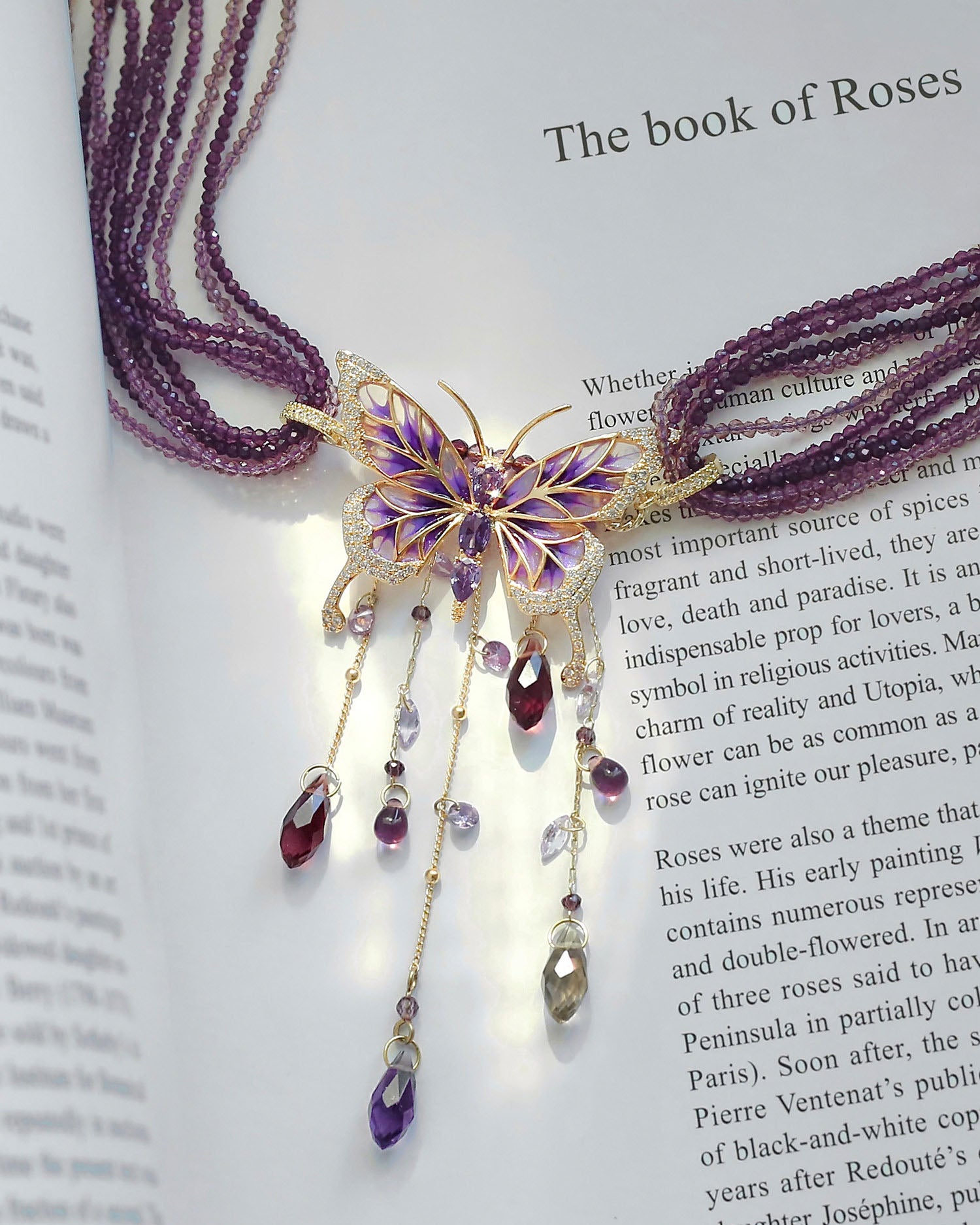 Purple Beaded Butterfly Crystal Tassel Choker Necklace