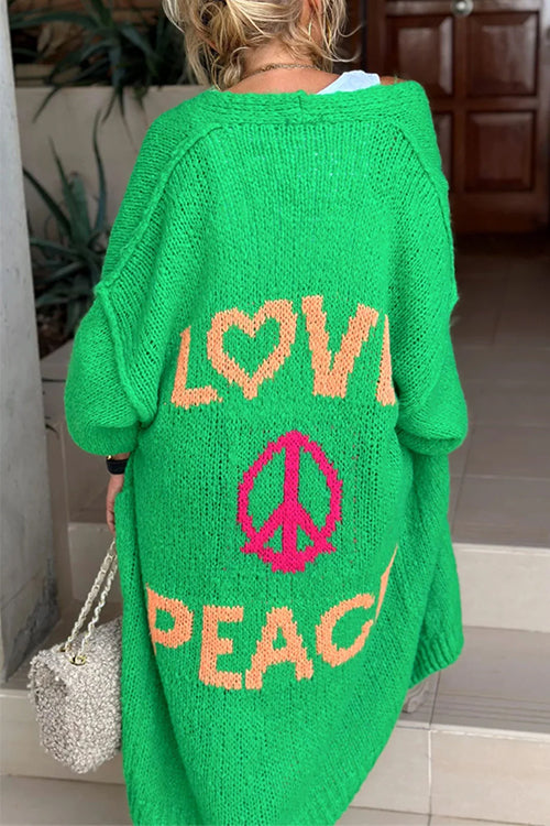 Open Front Love and Peace Pattern Long Sweater Cardigan(in 5 Colors)
