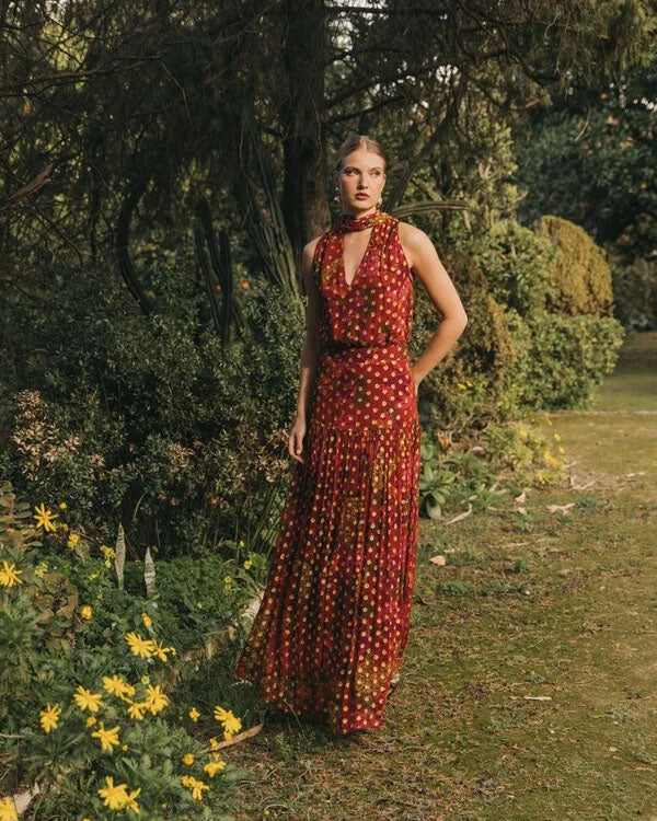 Burgundy Floral Halter Neck Blouse & Tiered Maxi Skirt Set