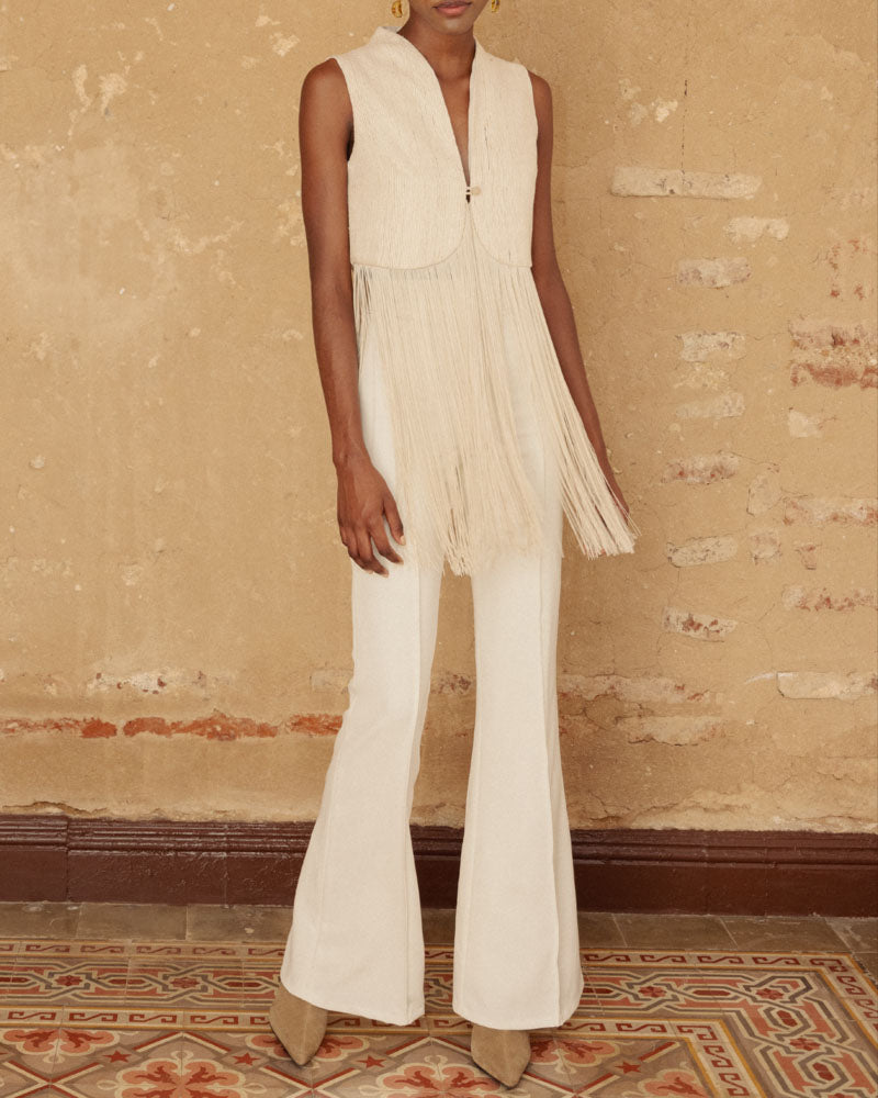 Cream Fringe Sleeveless Vest