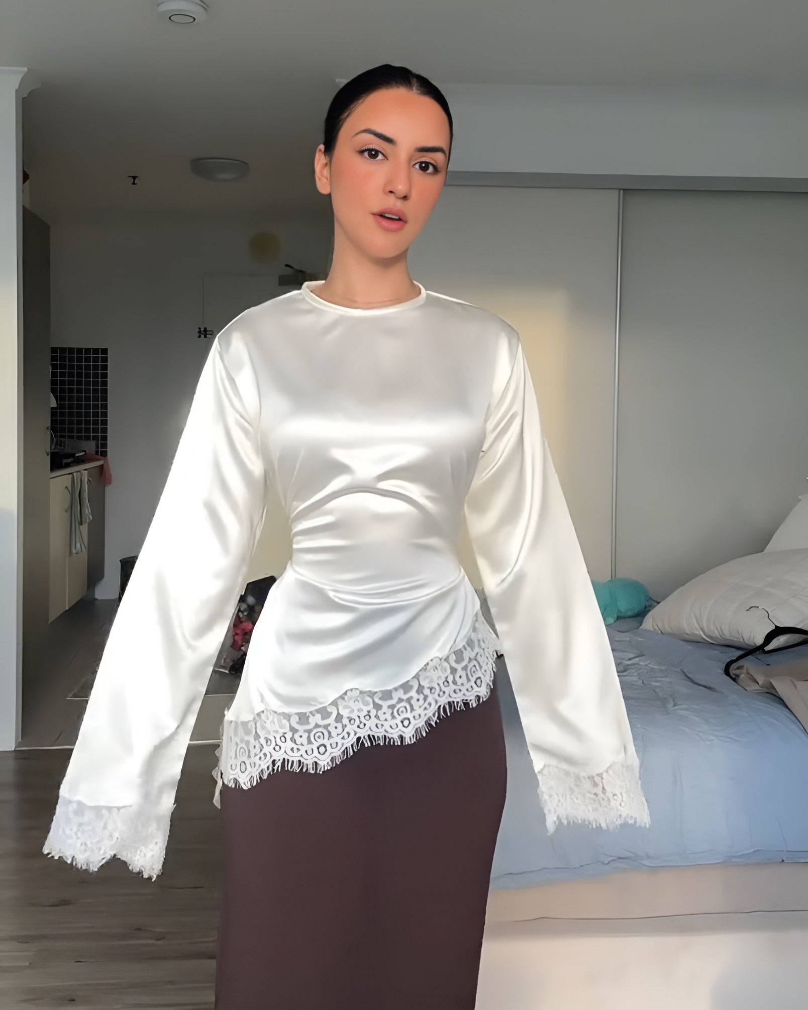 Luxe Satin Lace Trim Tie-Waist Top