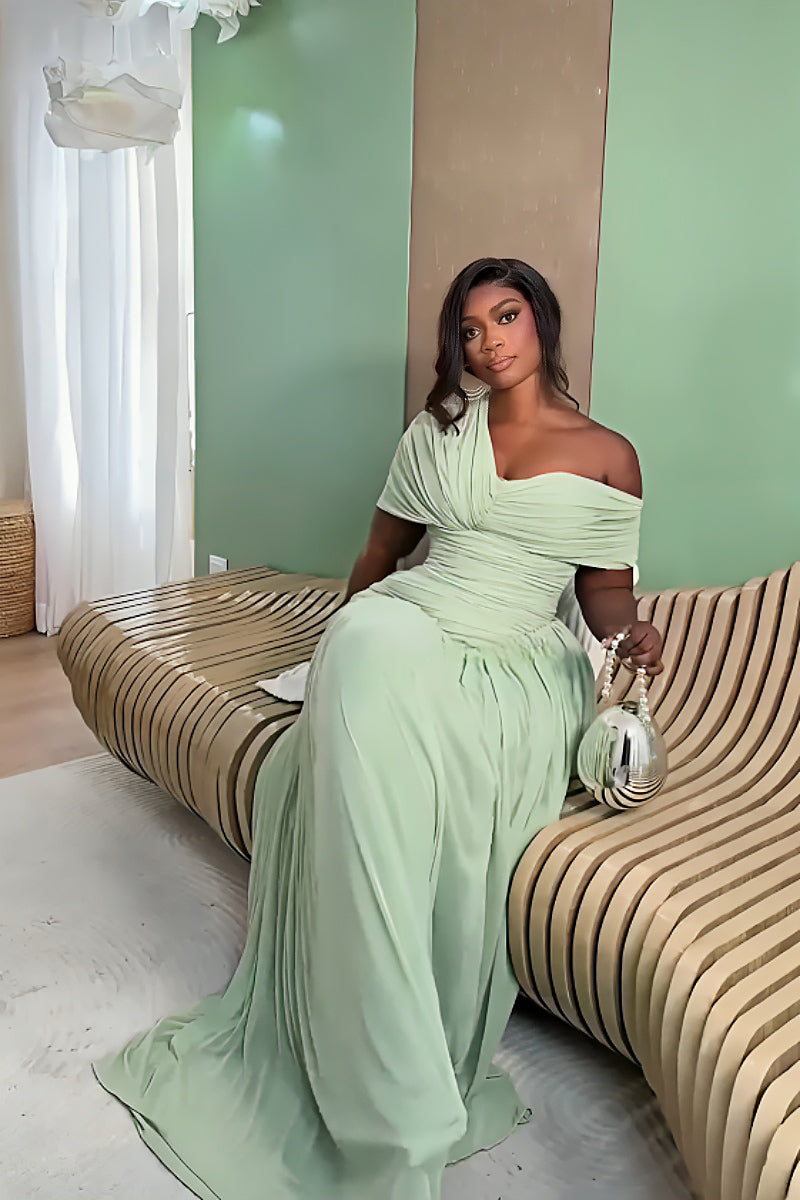 Elara Mint Whisper Ruched Maxi Gown