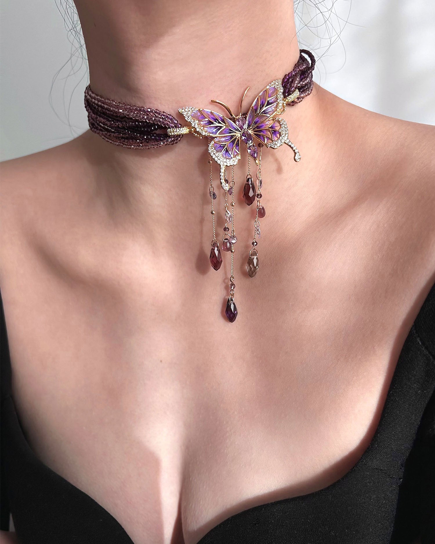Purple Beaded Butterfly Crystal Tassel Choker Necklace