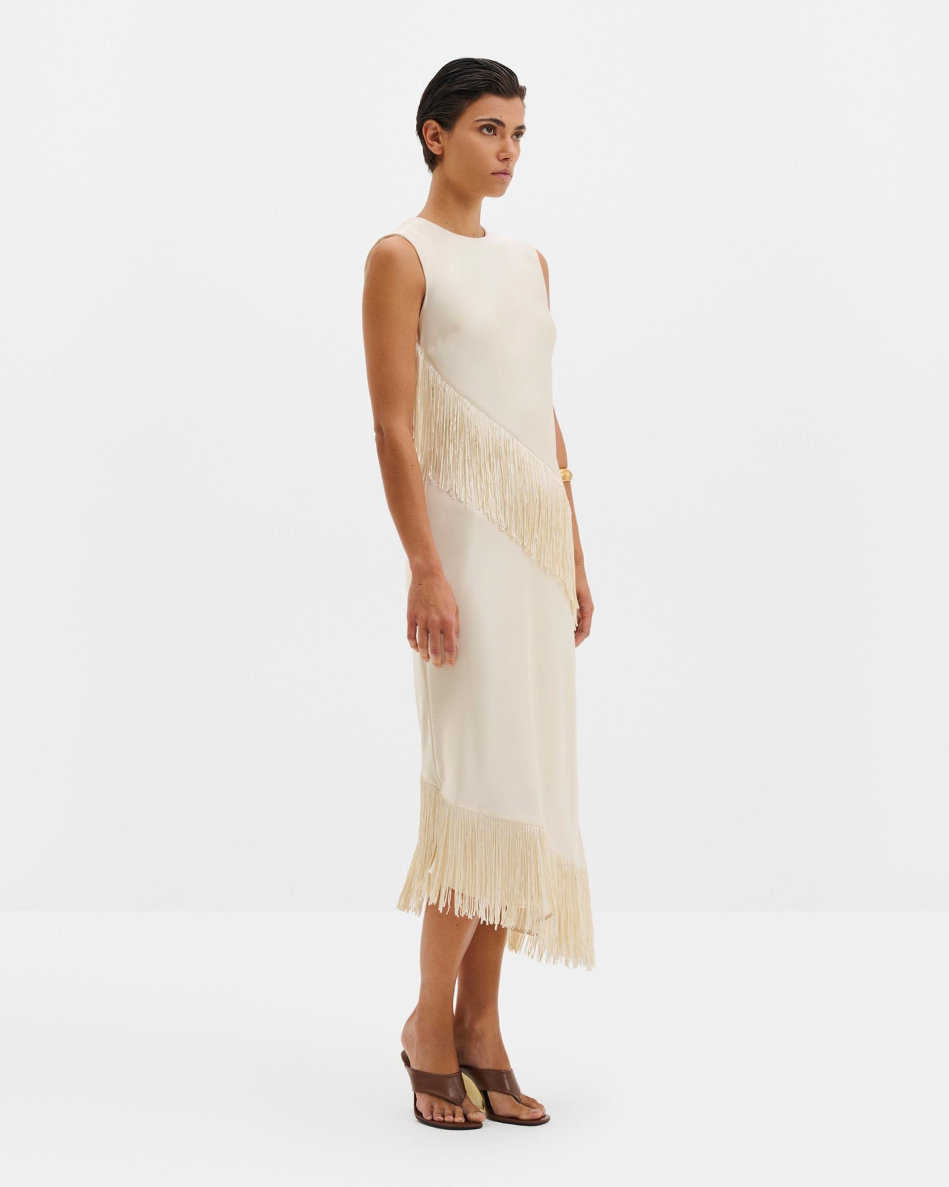 Asymmetric Sleeveless Fringe Details Midi Dress