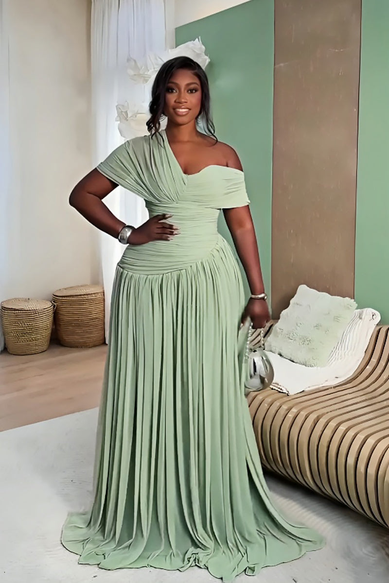 Elara Mint Whisper Ruched Maxi Gown