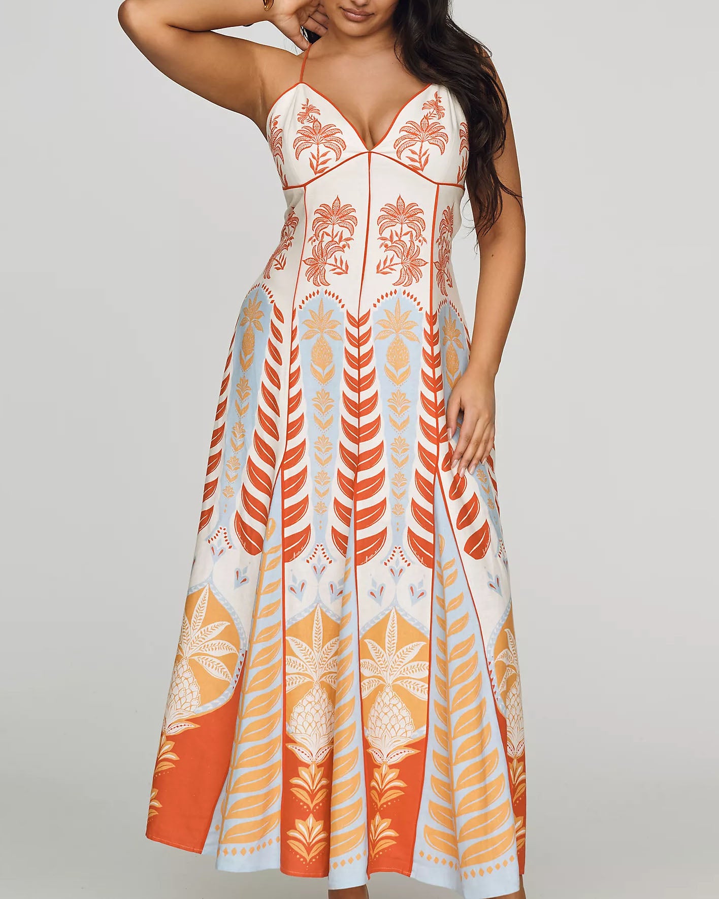 Tropical Palm Print Spaghetti Strap A-Line Maxi Dress